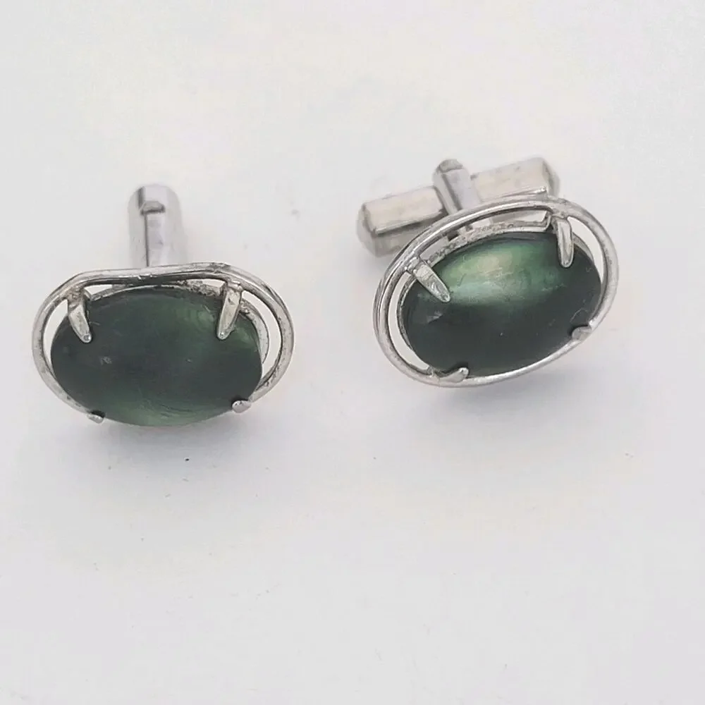 Abalone Shell Cufflinks Silver Tone Green Oval Cabochon Cufflinks Vintage Retro